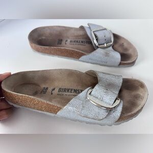 Birkenstock MADRID Big Buckle Metallic Silver Leather Slip On Sandals Shoes 38